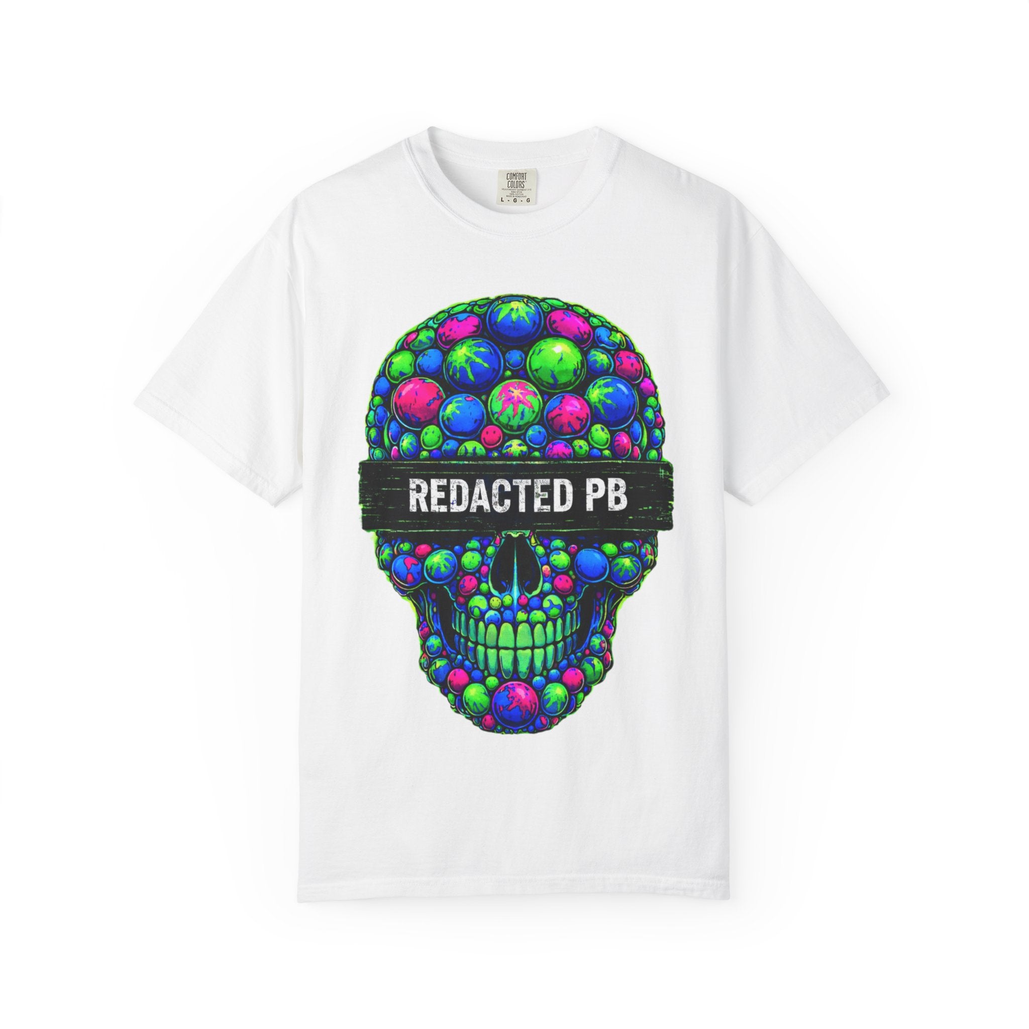 White t-shirt with a colorful skull design and 'Redacted PB' text on a white background