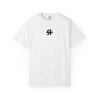 White t-shirt with a black logo on a white background