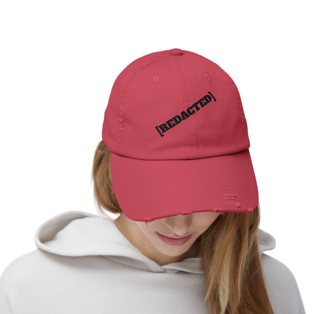 Model wearing red [REDACTED] dad hat clean streetwear look