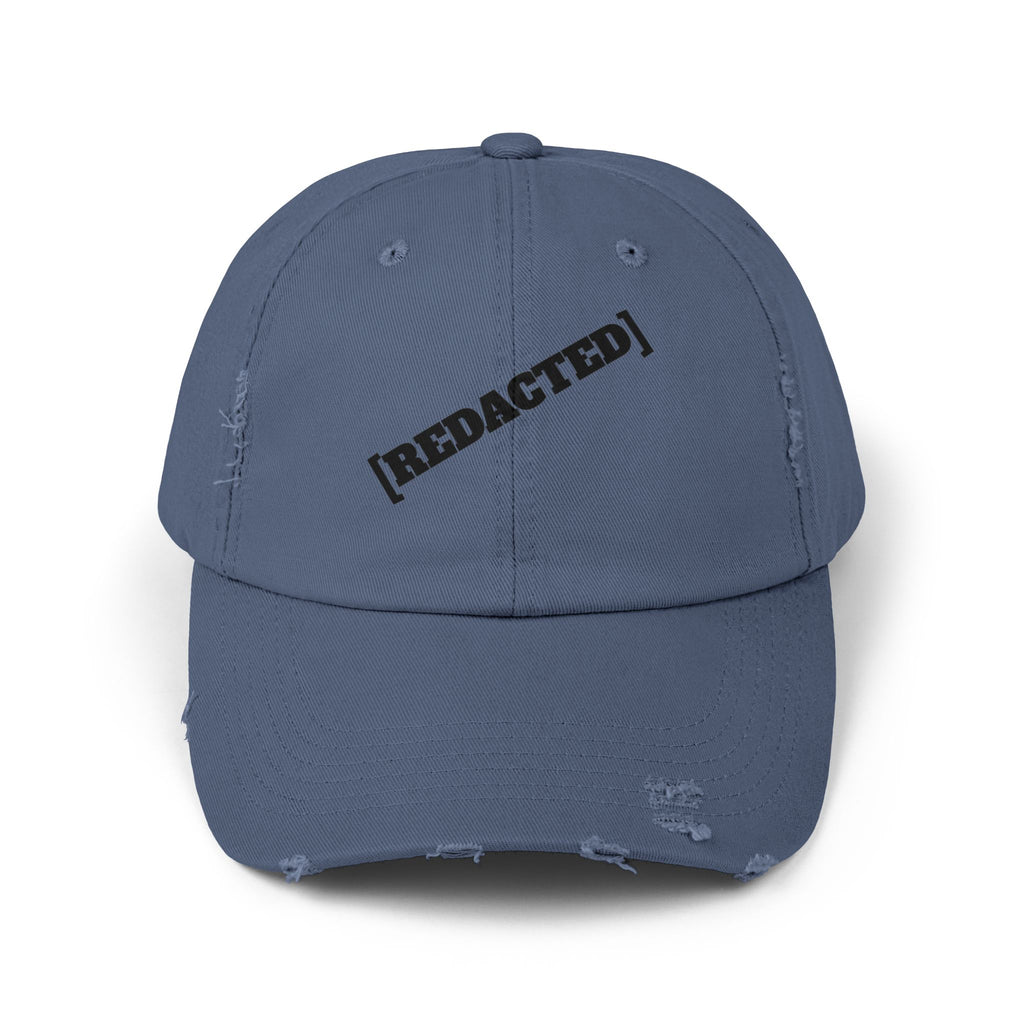 Blue distressed dad hat with [REDACTED] front embroidery
