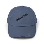 Blue distressed dad hat with [REDACTED] front embroidery