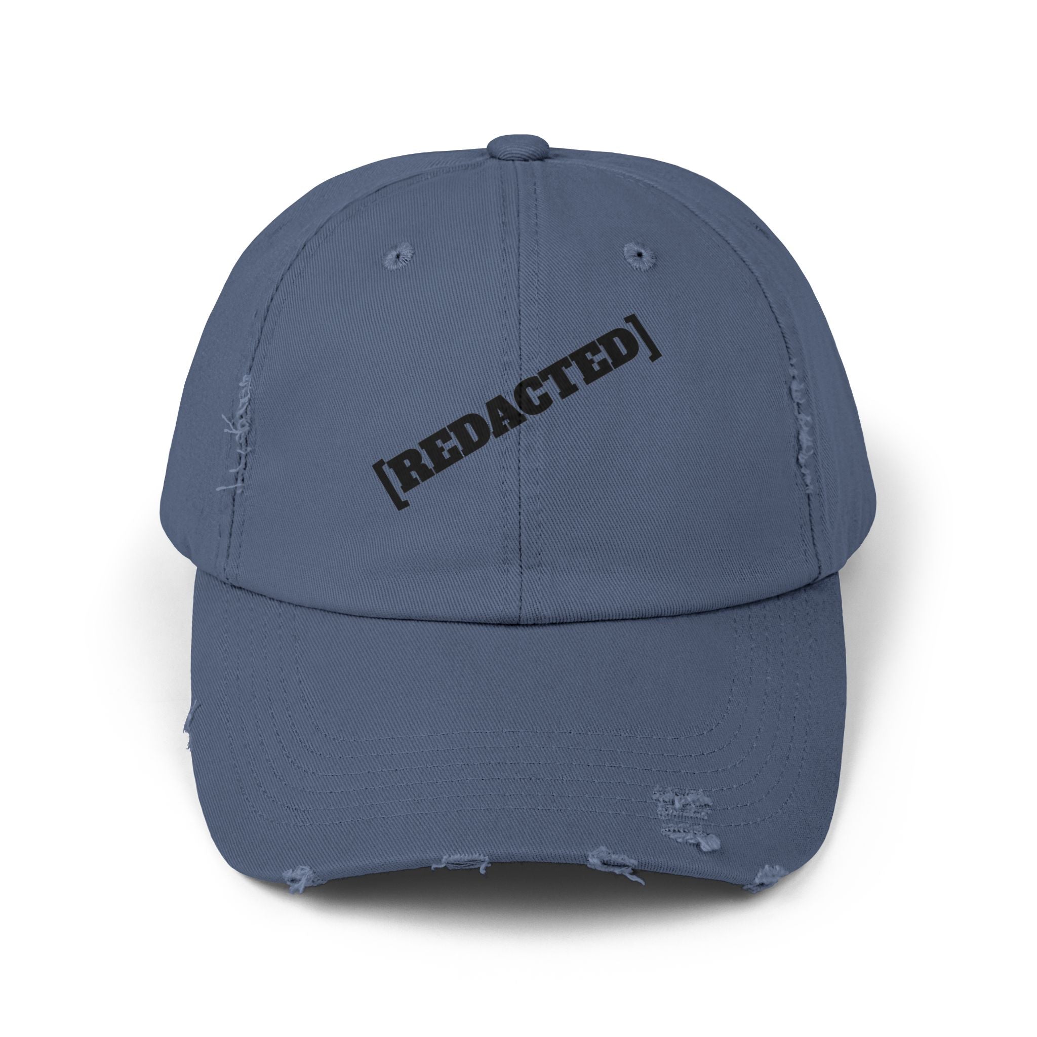 Blue distressed dad hat with [REDACTED] front embroidery