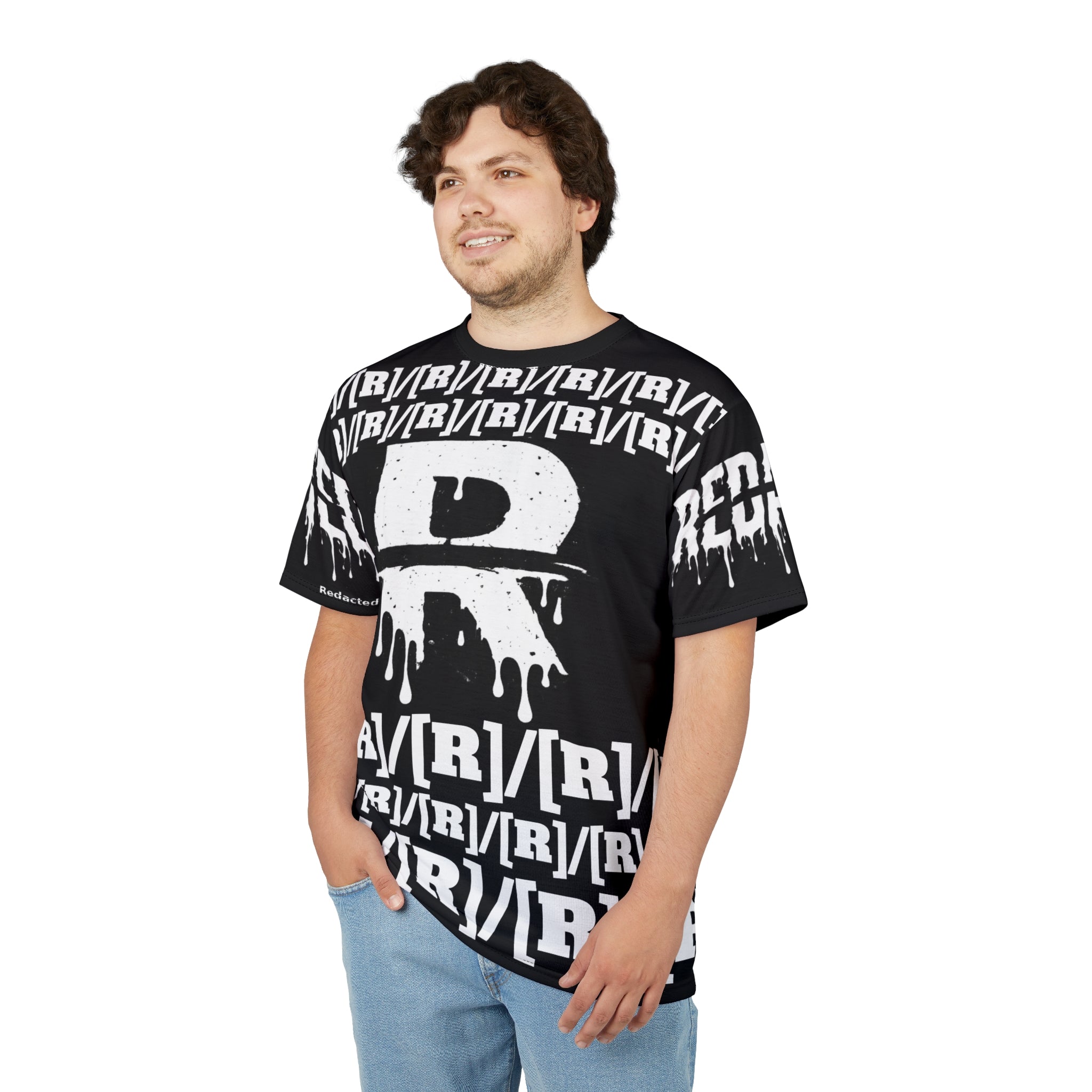 Man wearing a black t-shirt with white graphics and text on a white background