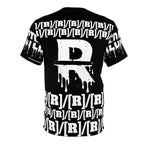 Black t-shirt with white graphics and text on a white background