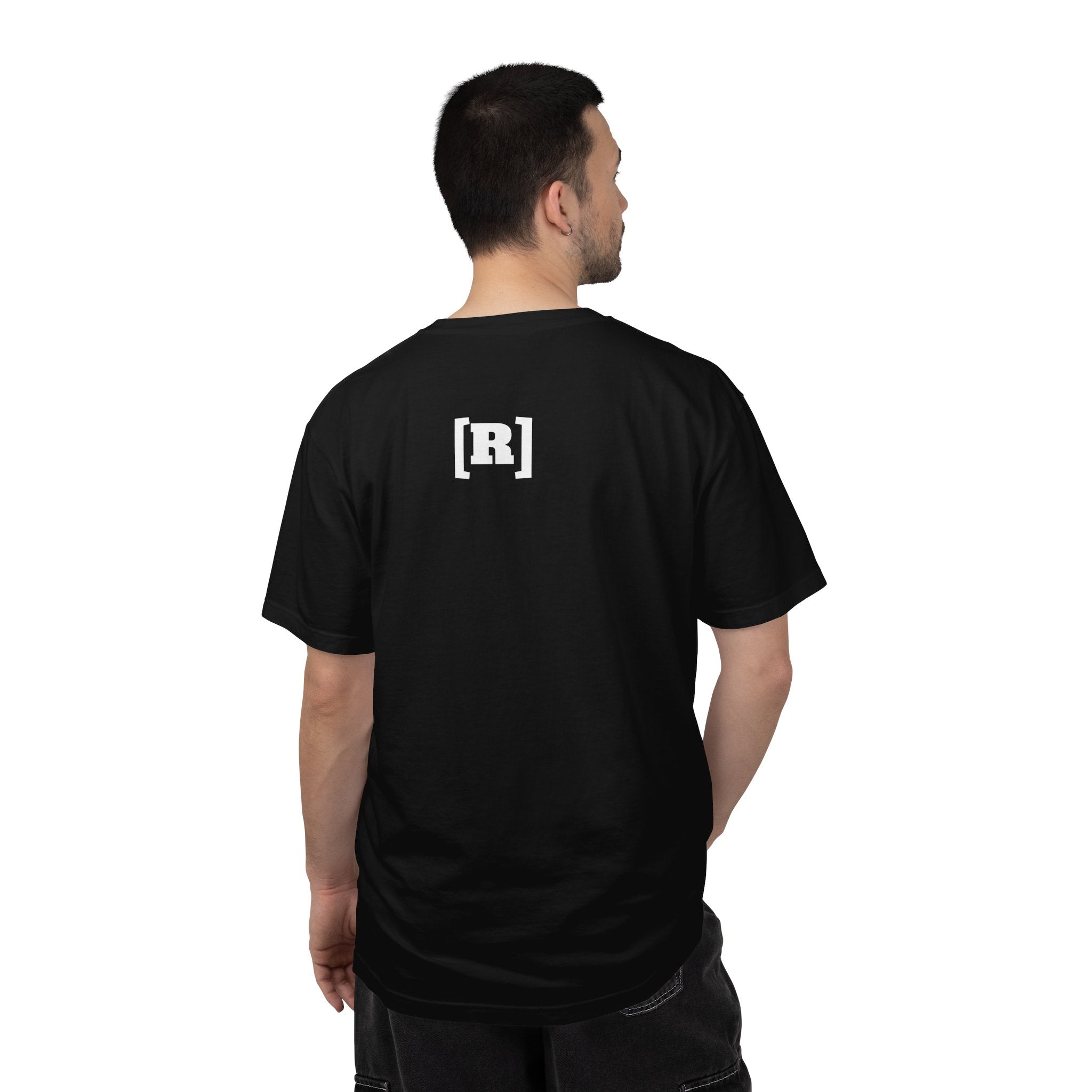 Man wearing a black t-shirt with a logo on the back against a white background