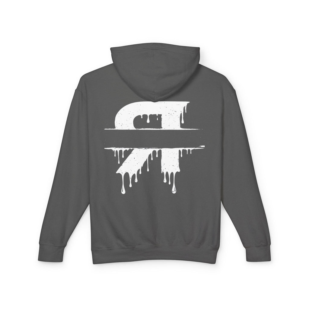 Gray hoodie with a white logo on the back against a white background