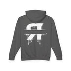 Gray hoodie with a white logo on the back against a white background