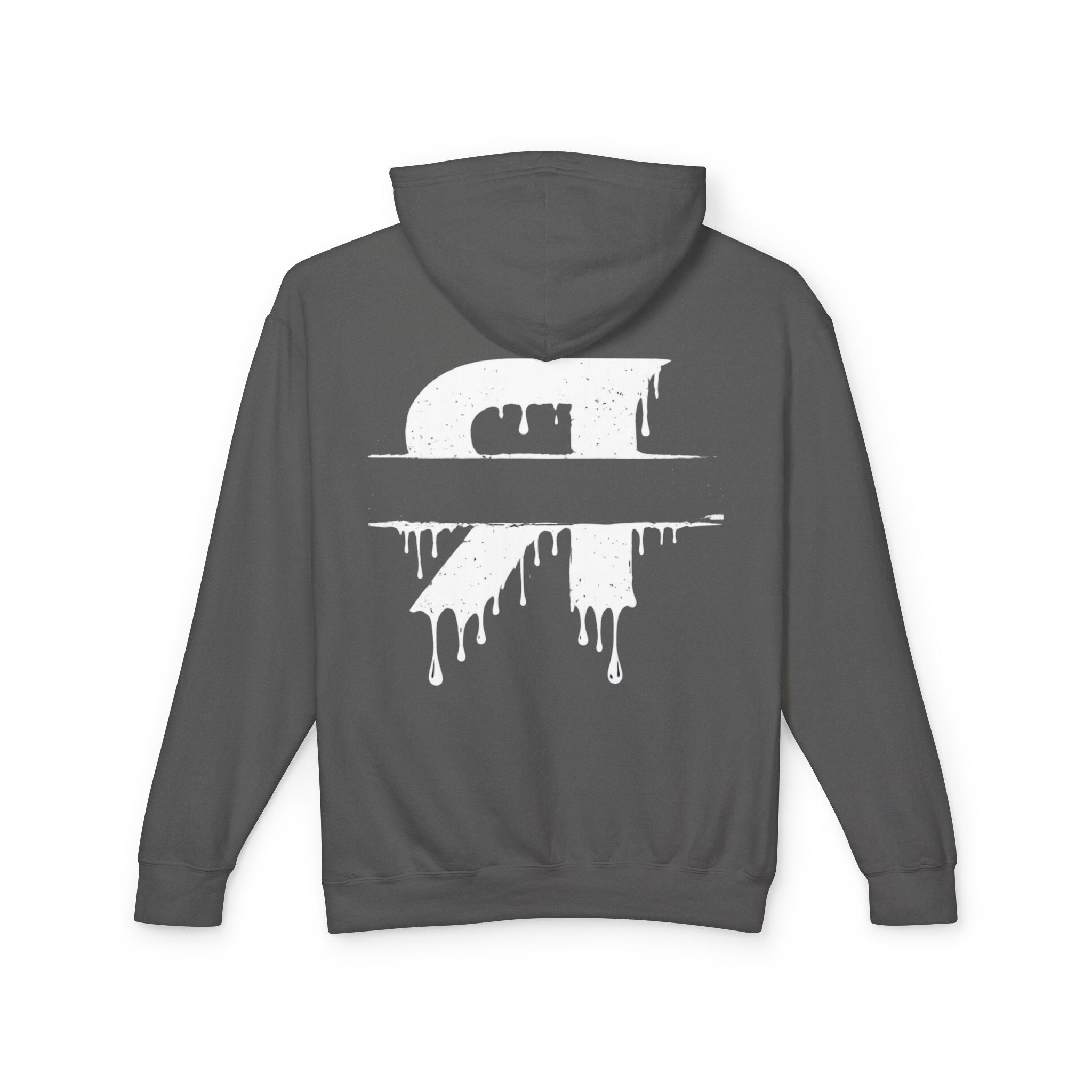 Gray hoodie with a white logo on the back against a white background