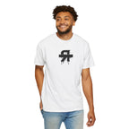 Man wearing a white t-shirt with a black logo on a white background