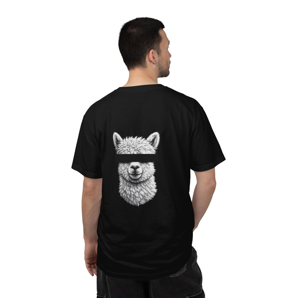 Person wearing a black t-shirt with a graphic of a llama on the back, standing against a white background.