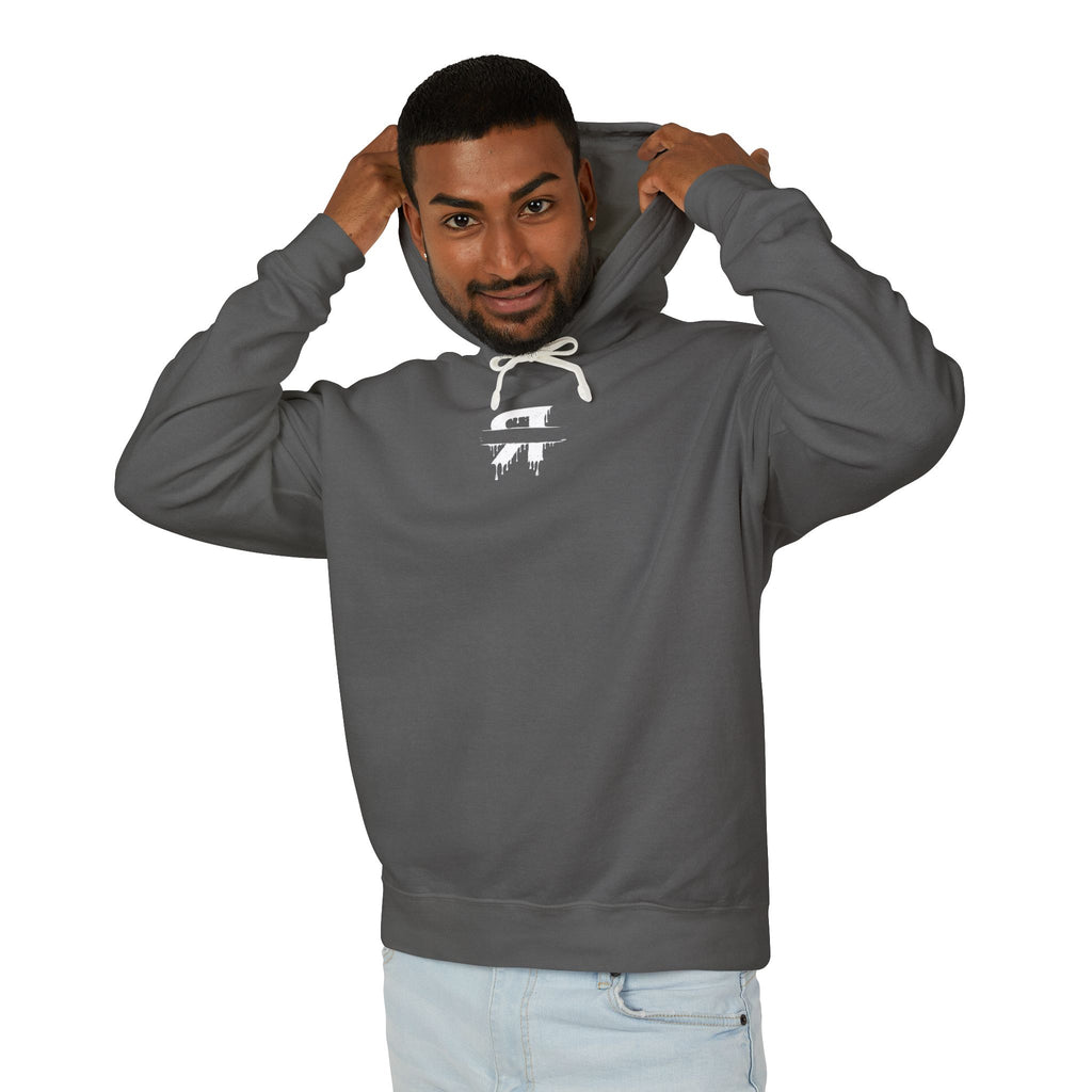 Man wearing a gray hoodie with a logo on a white background