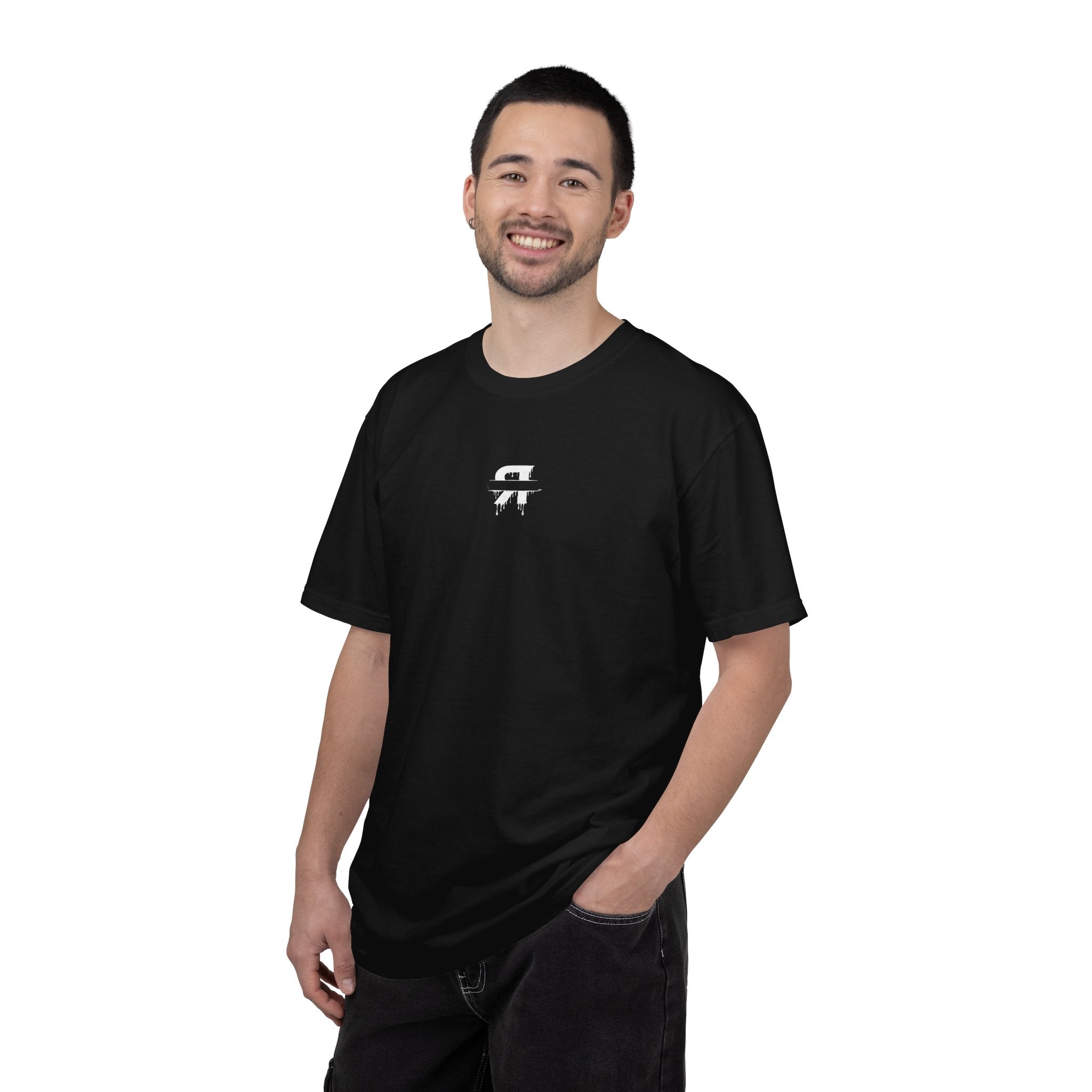 Man wearing a black t-shirt on a white background