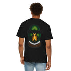 Person wearing a black t-shirt with a colorful graphic on the back, standing against a white background