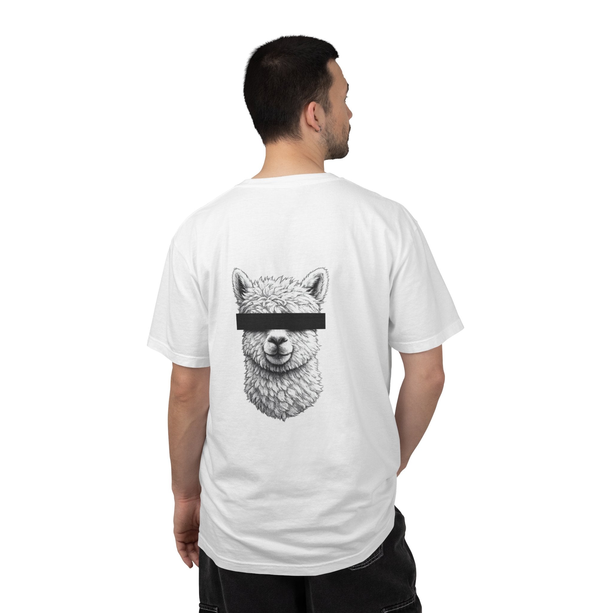 Man wearing a white t-shirt with a graphic design on the back, standing against a white background