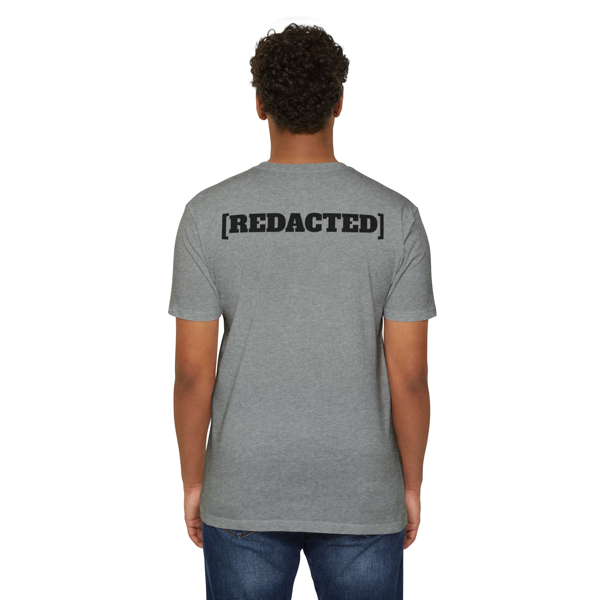 Redacted R Tee on model showing [REDACTED] back print shoulder design