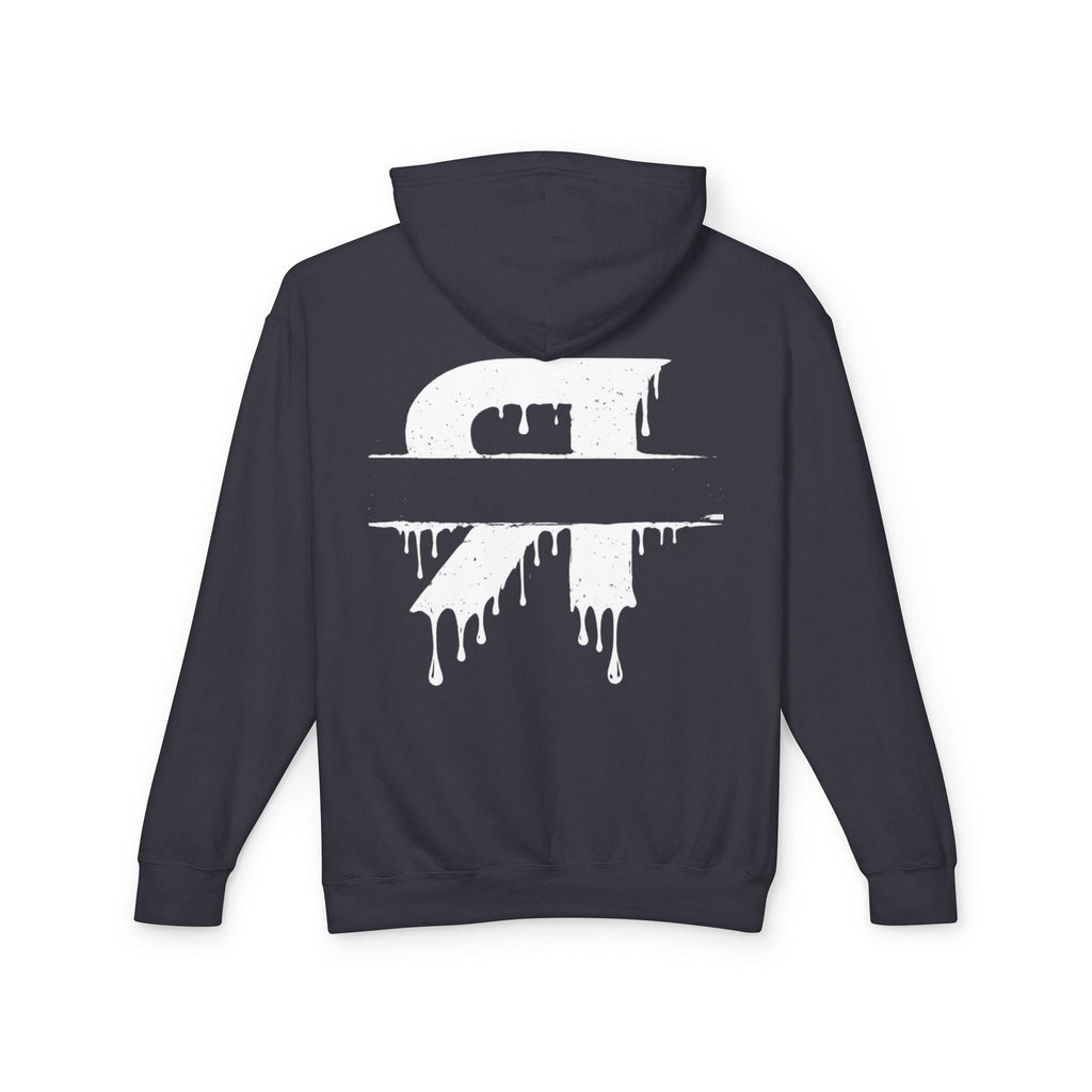 Navy hoodie with a white graphic design on the back against a white background