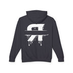 Navy hoodie with a white graphic design on the back against a white background