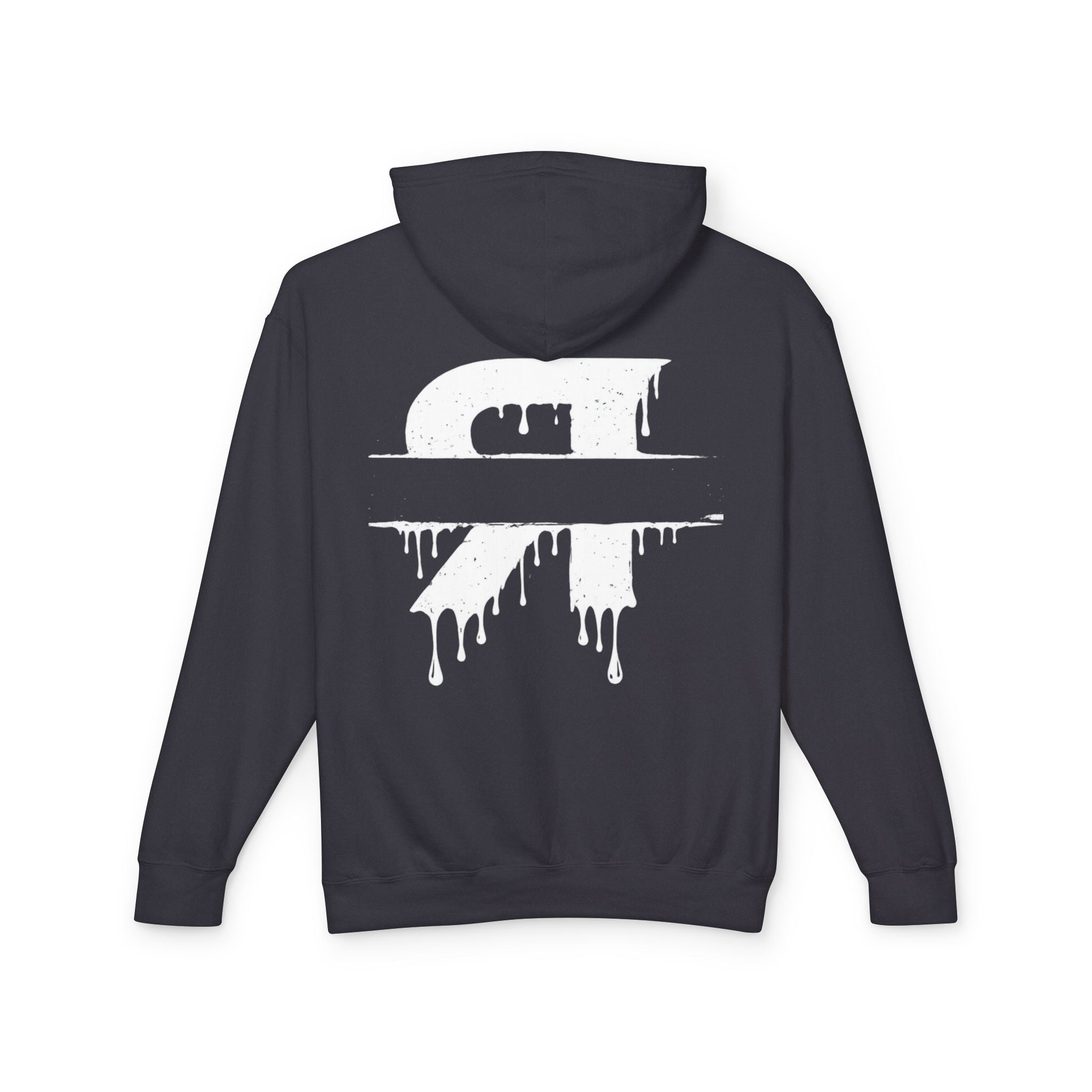 Navy hoodie with a white graphic design on the back against a white background