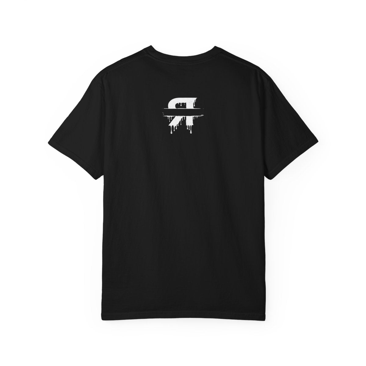 Redacted shirt black graphic tee with white distressed text and clean censor bar partially covering redacted word back view