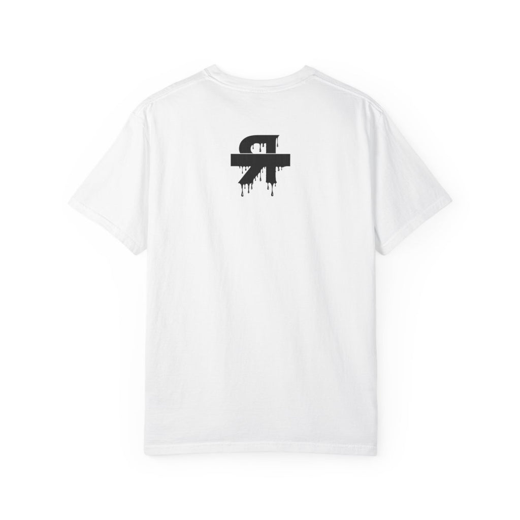 Redacted shirt white graphic tee with black distressed text and clean censor bar partially covering redacted word back view