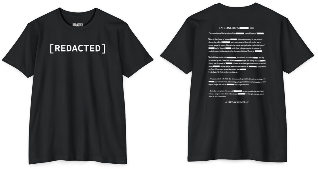 Black paintball t shirt showing front and back design with redacted text graphic on chest and Declaration style print on back