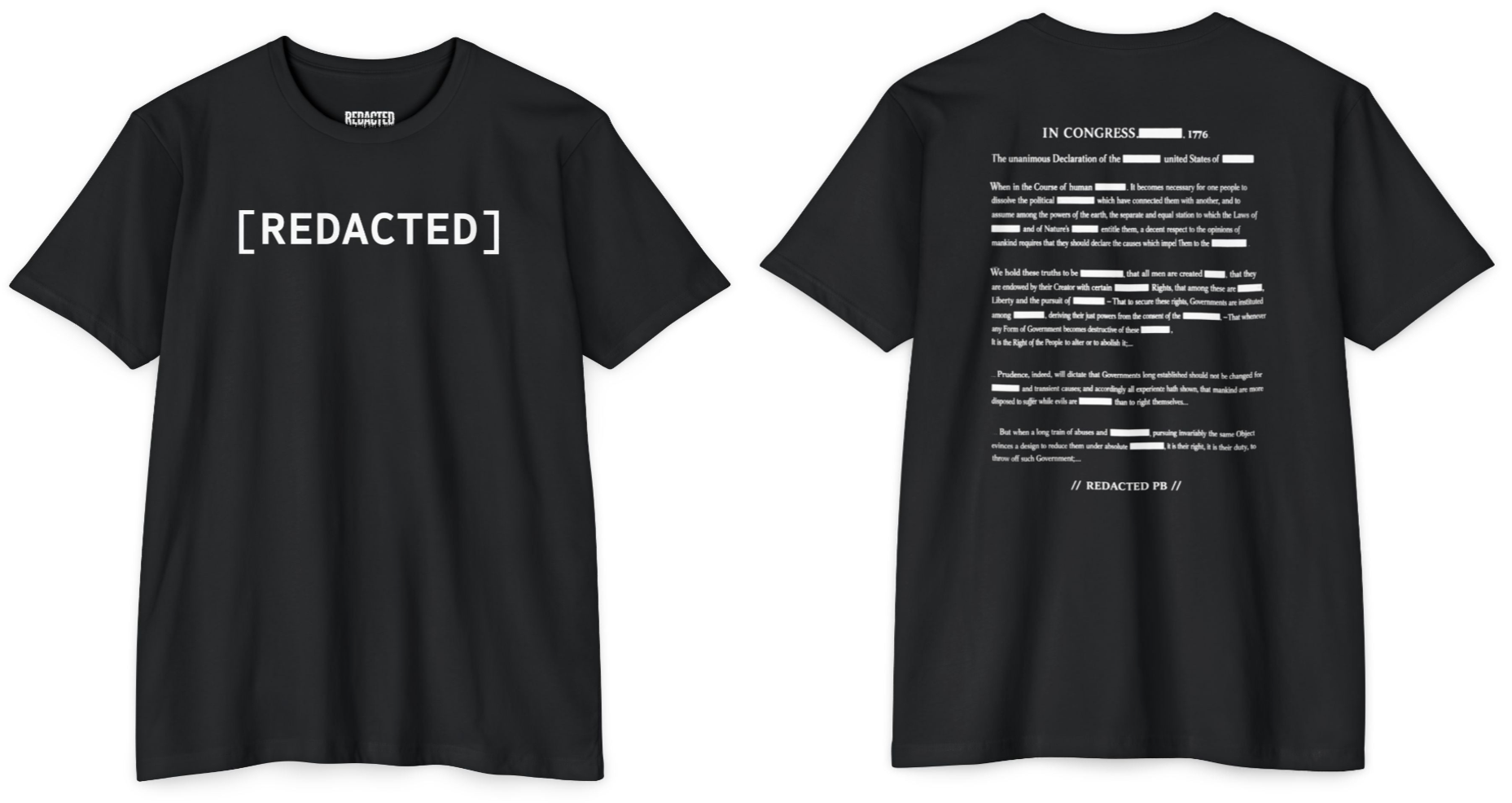 Black paintball t shirt showing front and back design with redacted text graphic on chest and Declaration style print on back